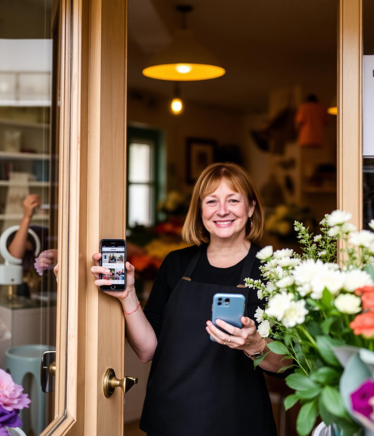 A small business owner smiling with her website on her phone