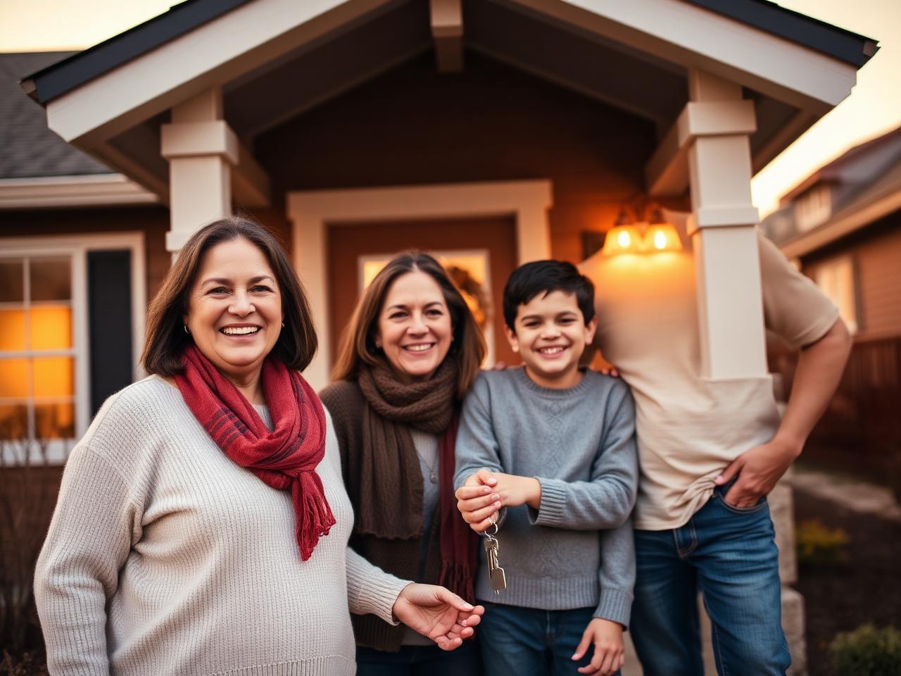 A family in front of their new home
