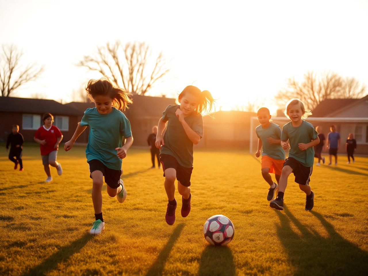 Kids playing soccer at sunset